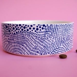 Modern Ceramic Dog Bowl in Blue Dot Pattern